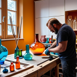 **A vibrant and colorful workspace of a glassblower in Sweden.** The scene should showcase the artisan's passion and expertise, with various glass pieces, tools, and a kiln in the background. The focus should be on the creative process, with the glassblower actively working on a unique piece. The overall feeling should be warm and inviting, reflecting the personality and craftsmanship of the brand.