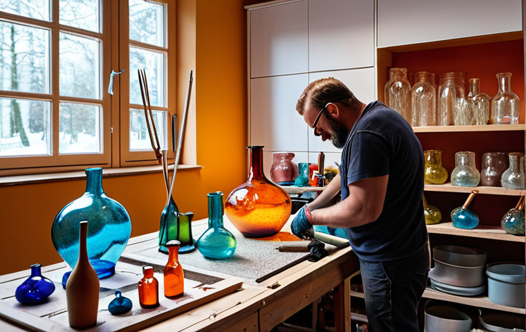**A vibrant and colorful workspace of a glassblower in Sweden.** The scene should showcase the artisan's passion and expertise, with various glass pieces, tools, and a kiln in the background. The focus should be on the creative process, with the glassblower actively working on a unique piece. The overall feeling should be warm and inviting, reflecting the personality and craftsmanship of the brand.